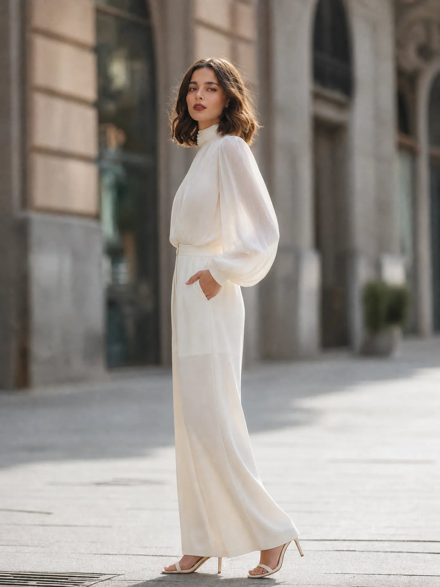 Elegant High Neck Lantern Sleeve Blouse & Wide Leg Trousers Set