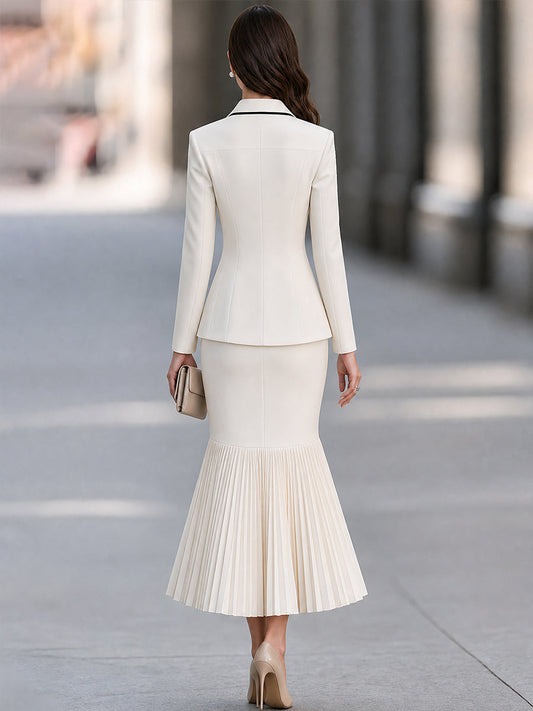 White Contrast Trim Double-Breasted Blazer Pleated Skirt Suit Set