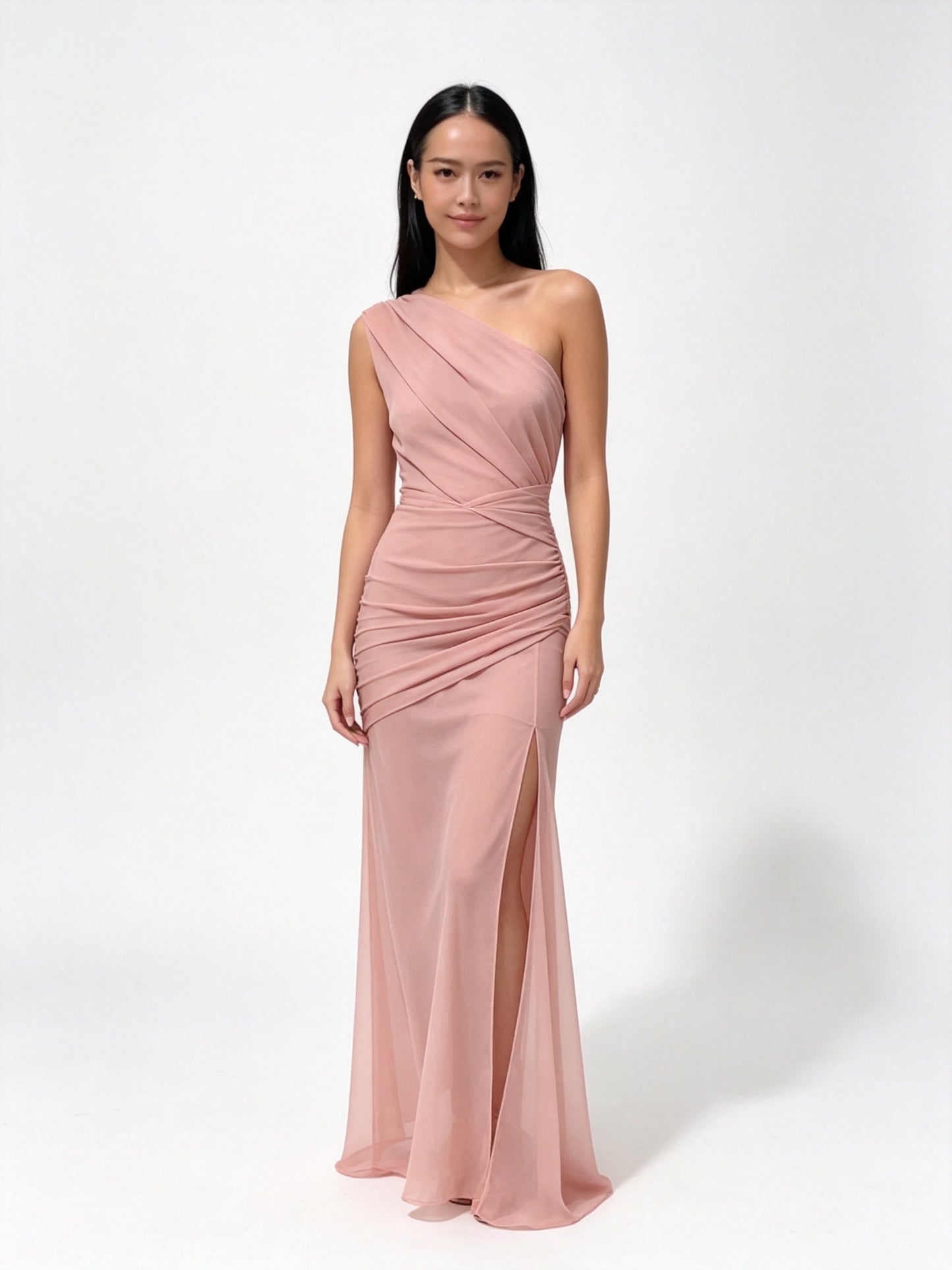 One-Shoulder Ruched Bodycon Maxi Dress - Blush Pink