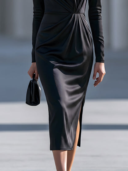 Draped High-Neck Long-Sleeve Midi Dress