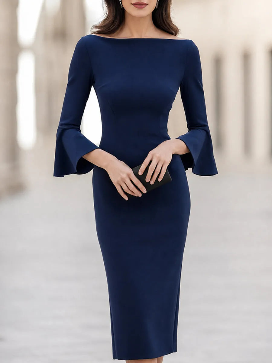 Elegant Off-Shoulder Bell Sleeve Bodycon Midi Dress
