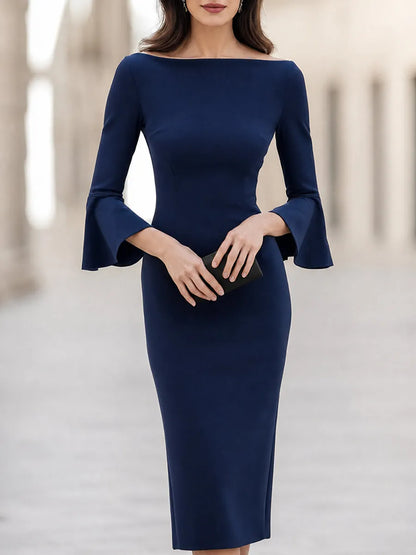 Elegant Off-Shoulder Bell Sleeve Bodycon Midi Dress