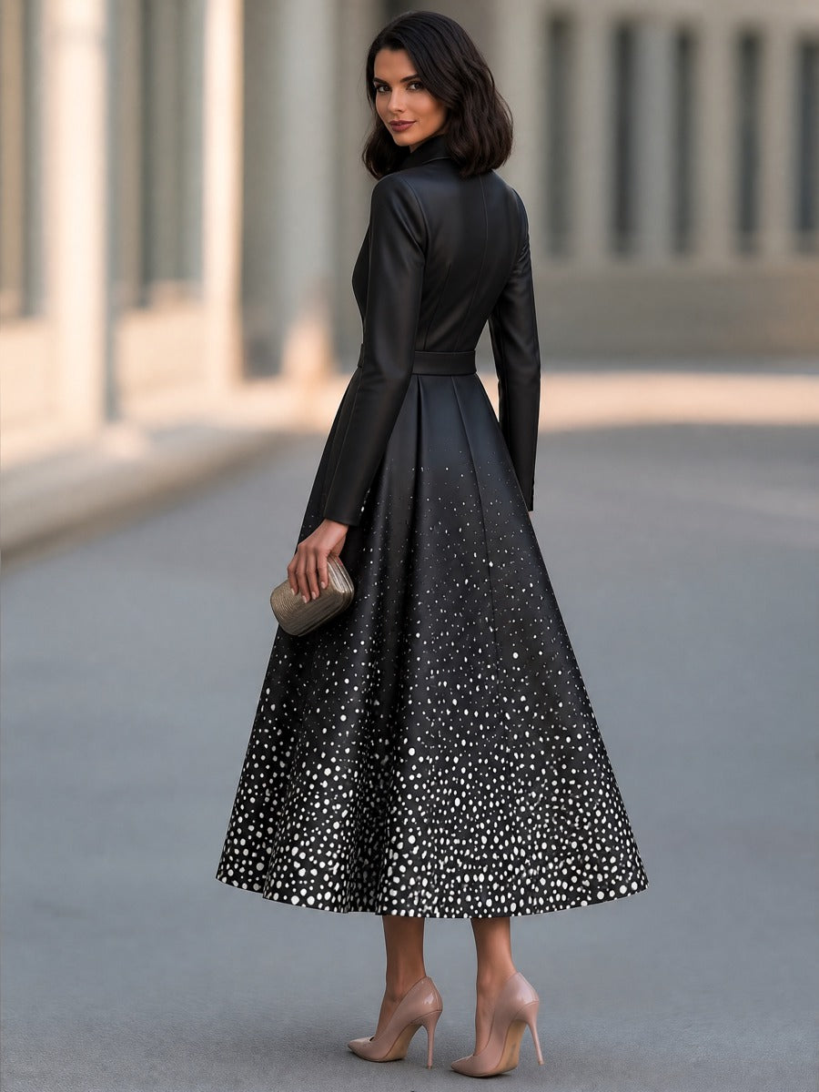 Women's Black Long-Sleeve Collared Polka Dot A-Line Midi Dress