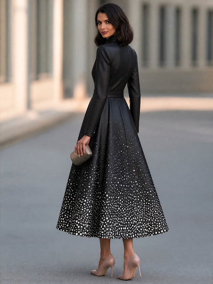 Women's Black Long-Sleeve Collared Polka Dot A-Line Midi Dress