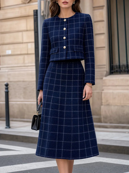 Plaid Tweed Crop Jacket & Midi Skirt Tailored Set