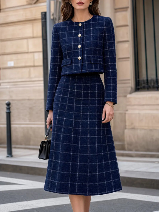 Plaid Tweed Crop Jacket & Midi Skirt Tailored Set
