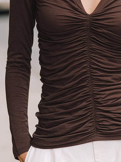 Ruched Long-Sleeve V-Neck Polo T-Shirt
