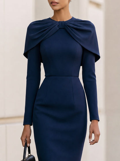 Cape‐Bow Shoulder Long Sleeve Crepe Midi Bodycon Dress