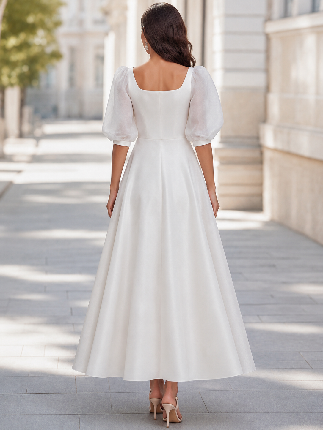 White Puff Sleeve Square Neck A-Line Midi Dress