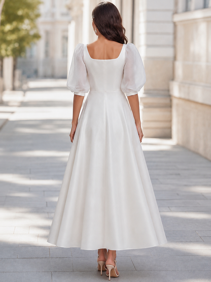 White Puff Sleeve Square Neck A-Line Midi Dress