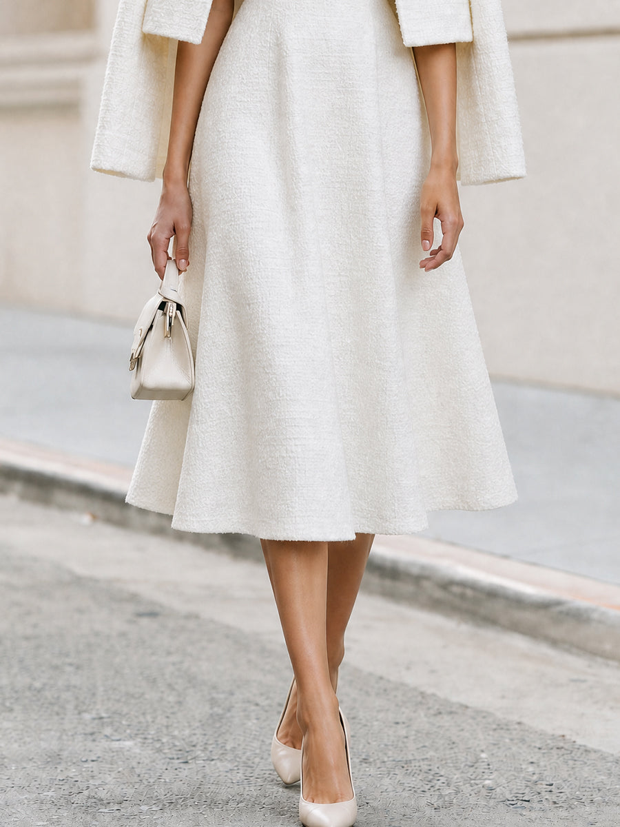 Tweed Cropped Jacket & Square‐Neck Midi Dress Two‐Piece Set
