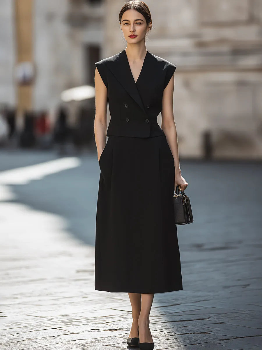 Tailored Double-Breasted Sleeveless Midi Dress