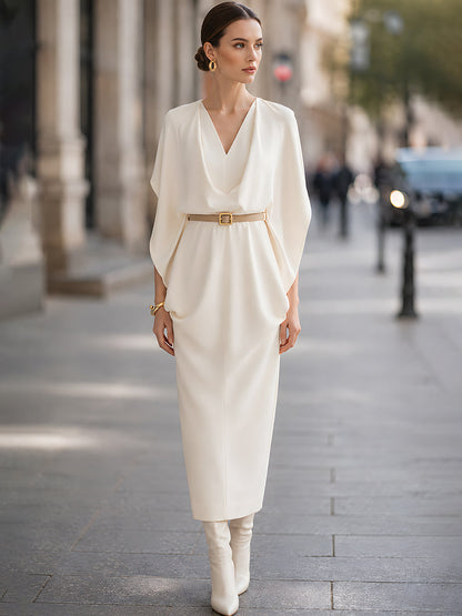 Midi Dress A Belt Cape Sleeves A Cowl Neckline