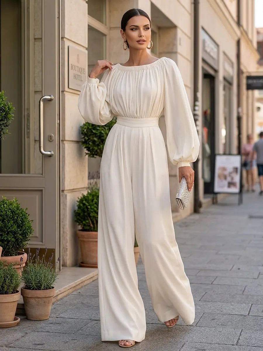 Off-Shoulder Cotton Blend Wide-Leg Jumpsuit