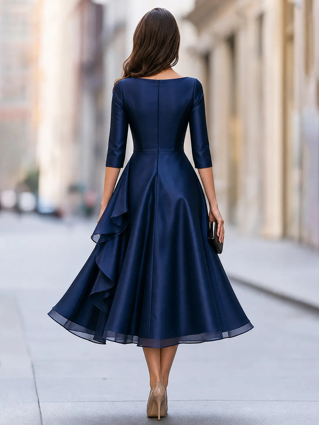 Elegant Navy Blue Ruffle A-Line Midi Dress