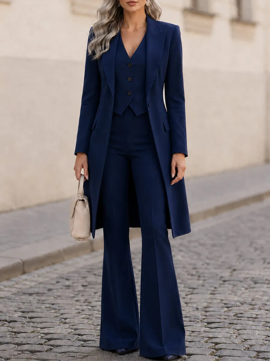 Three-Piece Suit, Long Line Blazer + V-Neck Vest + Flared Trousers Formal  Set