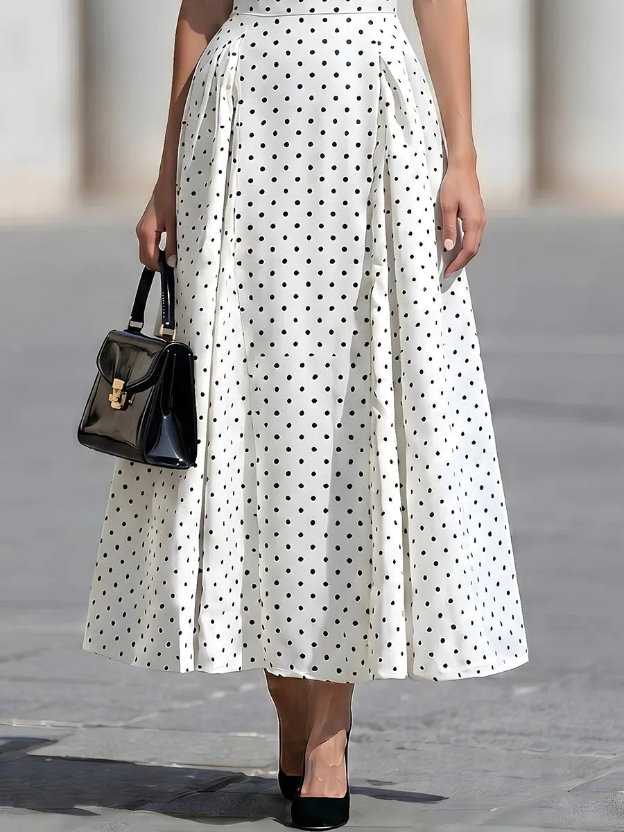 Sleeveless Boat Neck Polka Dot Fit-and-Flare Midi Dress