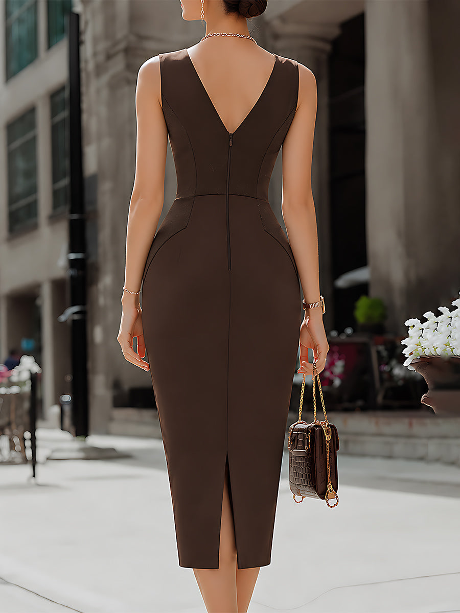 Sophisticated V-Pleated Neck Sleeveless Pencil Dress
