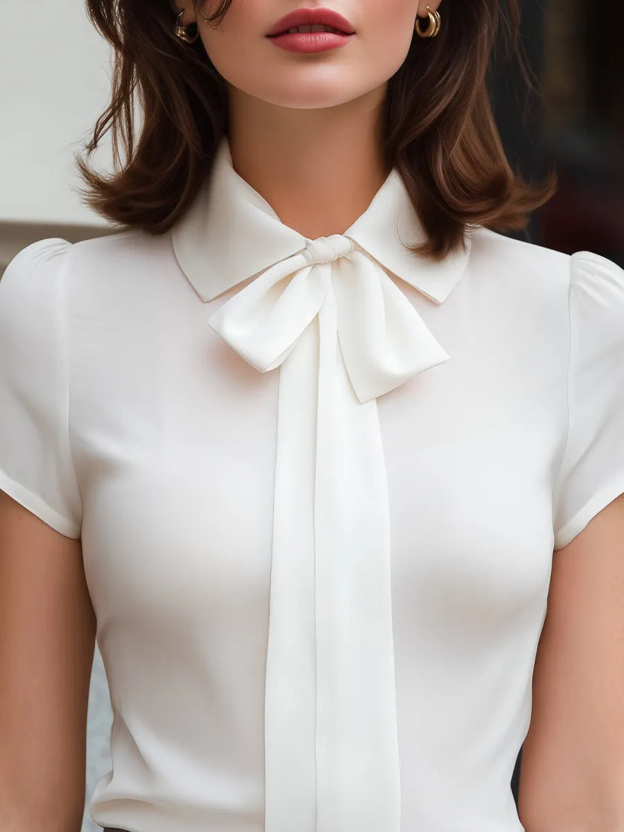 Pointed Collar Bow-Tie Satin Blouse