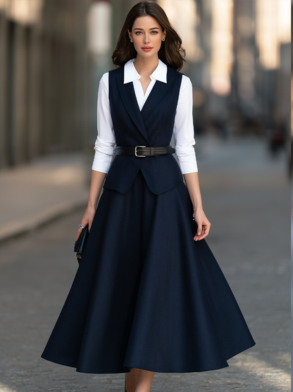 Point-Collar Shirt, Tailored Vest And Flared Midi Skirt Three-Piece Set