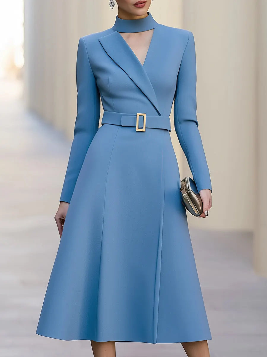 Belted V-Neck Tailored A-Line Midi Dress