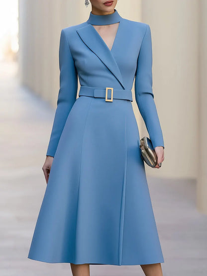 Belted V-Neck Tailored A-Line Midi Dress