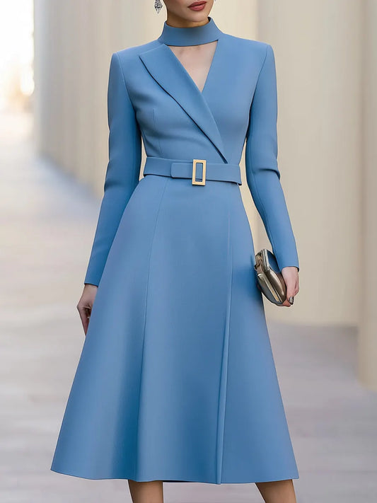 Belted V-Neck Tailored A-Line Midi Dress