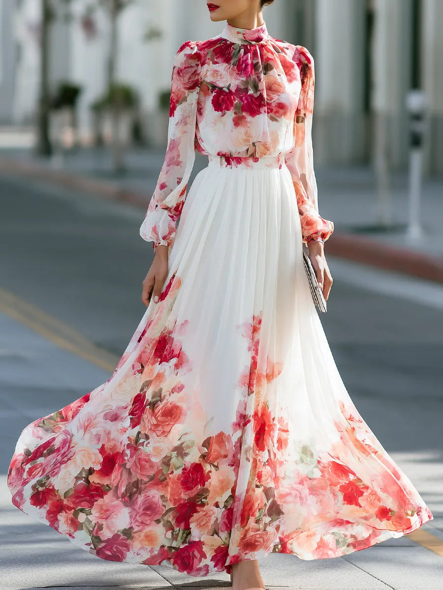 Watercolor Floral Chiffon Flowing Maxi Dress