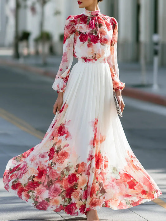 Watercolor Floral Chiffon Flowing Maxi Dress