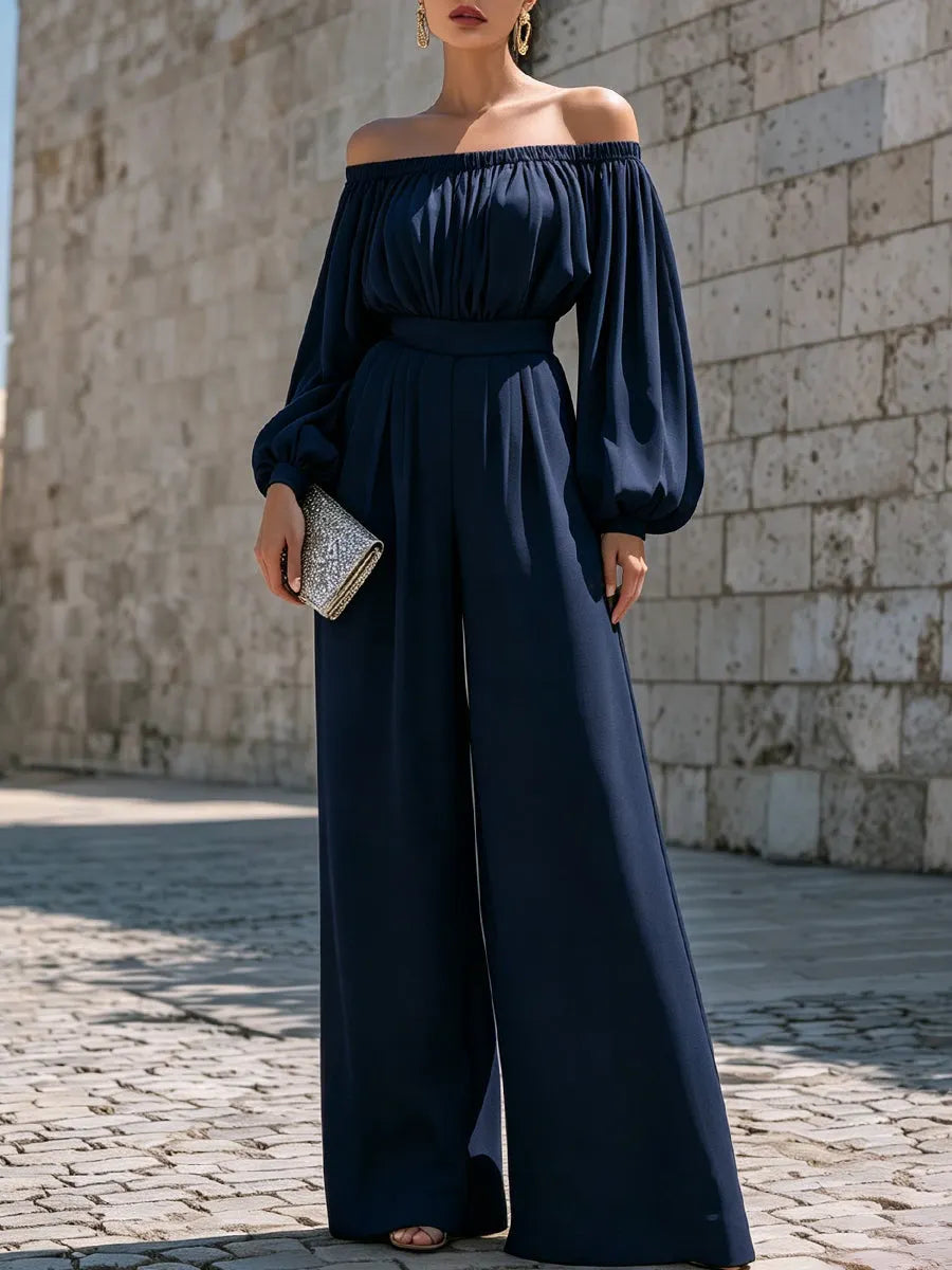 Off-Shoulder Cotton Blend Wide-Leg Jumpsuit