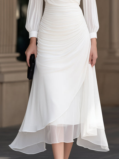 Gathered Waist Layered Draped Chiffon Midi Dress