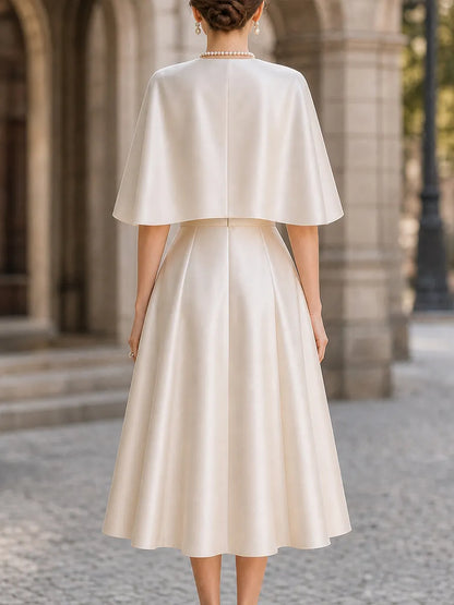 Elegant Satin Cape-Sleeve A-Line Midi Dress