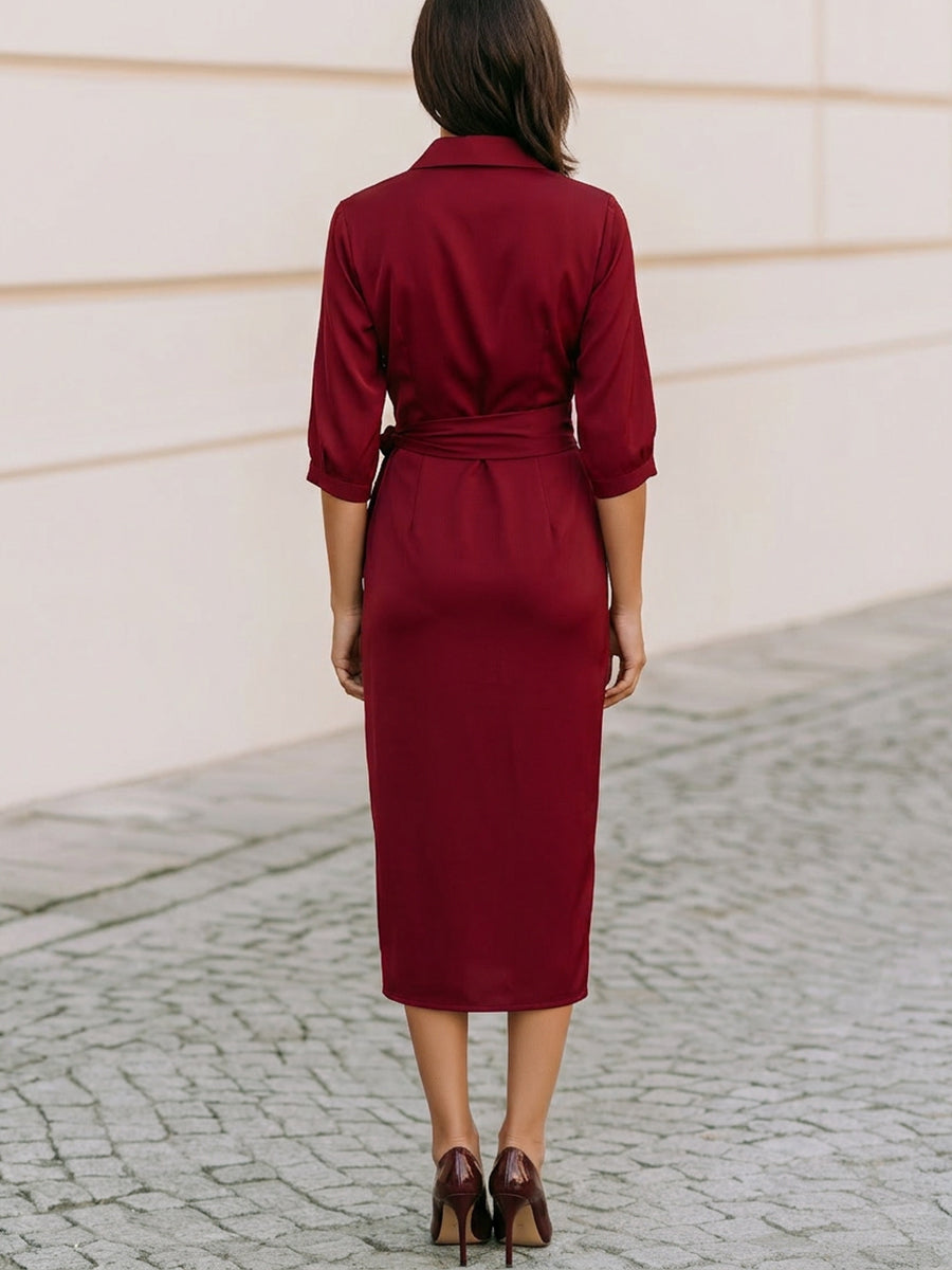 Collared 3/4 Sleeve Wrap Tie Waist Satin Midi Shirt Dress