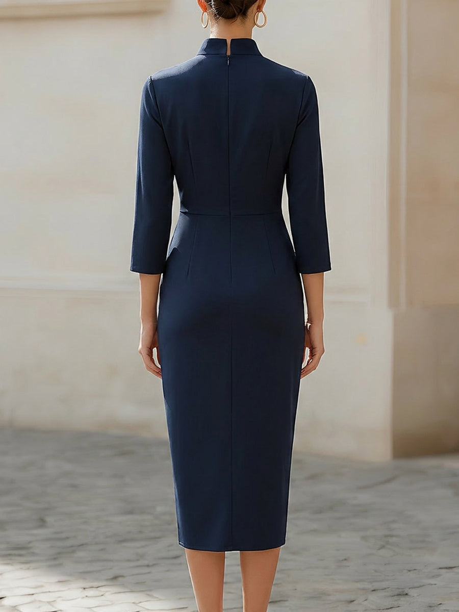 Mandarin Split Collar 3/4 Sleeve Side Ruched Asymmetric Wrap Midi Dress
