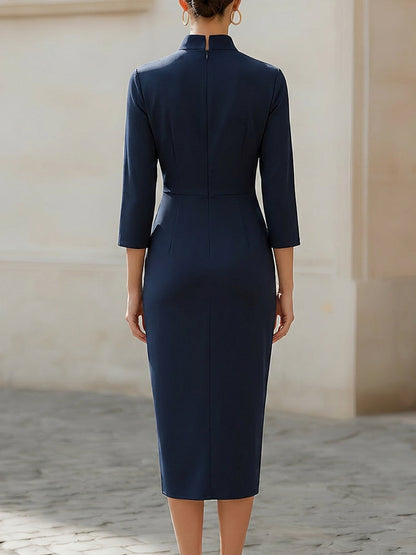 Mandarin Split Collar 3/4 Sleeve Side Ruched Asymmetric Wrap Midi Dress