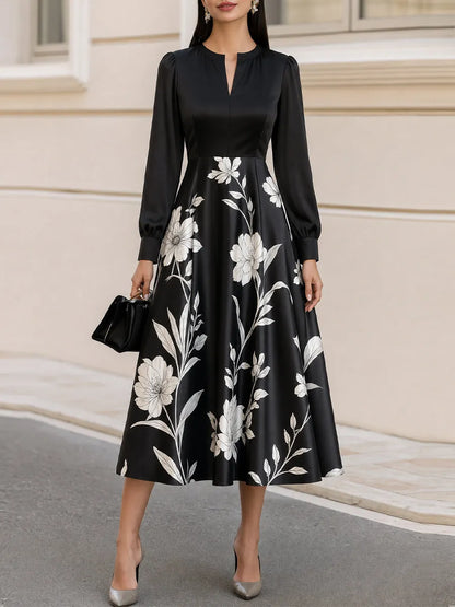 Floral Print Notched Neck Long Sleeve A-Line Midi Dress
