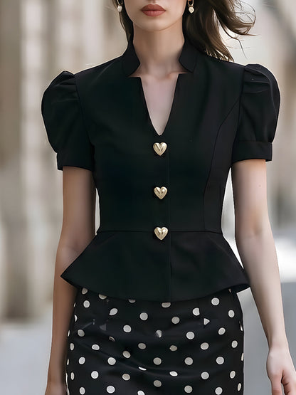 Puff Sleeve Peplum Heart-Button Blouse With Polka Dot Pencil Skirt Set