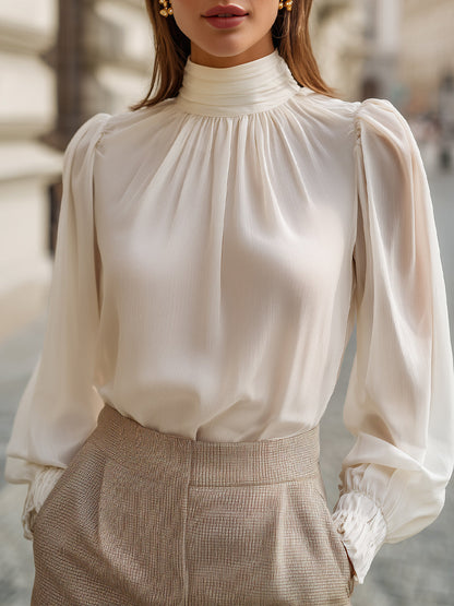 High-Neck Gathered Chiffon Blouse