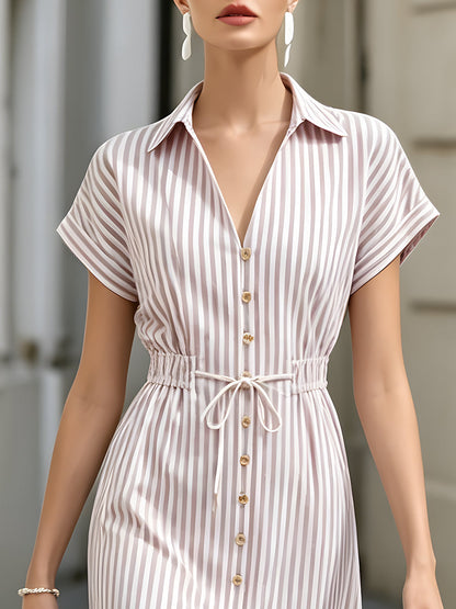 Striped Button-Front Drawstring Waist Midi Shirt Dress