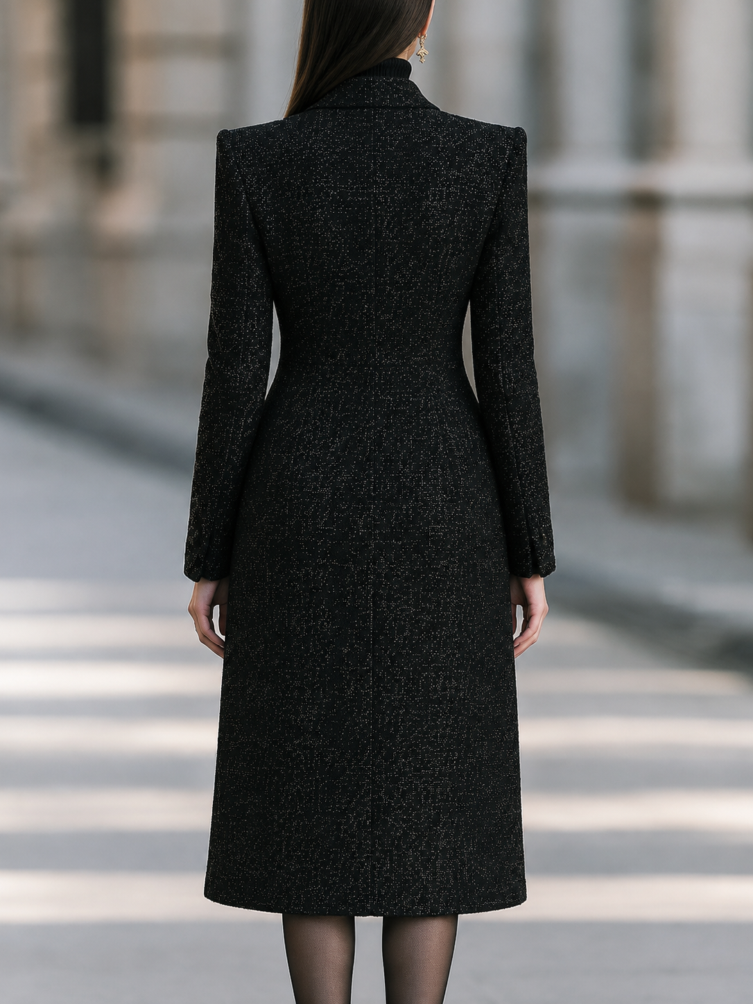 Metallic Tweed Long Coat And Sleeveless Knit Dress Set