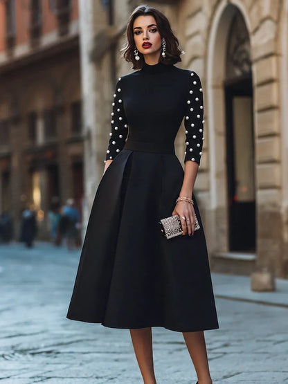 Pearl Embellished Sleeve Mock Neck Midi Dress