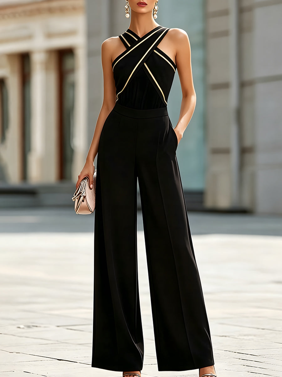 Cross-Strap Contrast Trim Halter Wide-Leg Jumpsuit