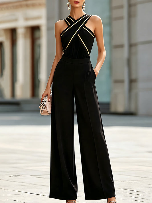 Cross-Strap Contrast Trim Halter Wide-Leg Jumpsuit
