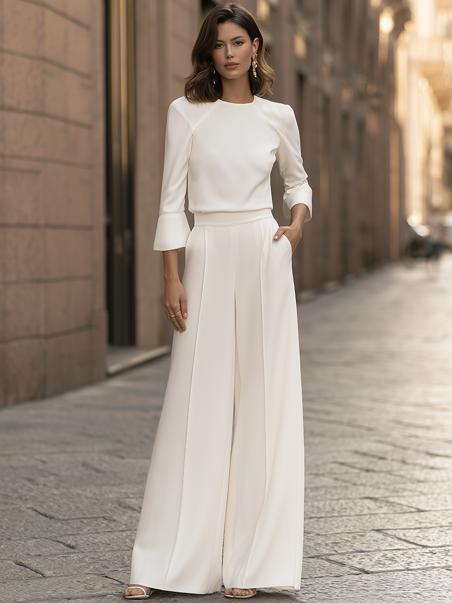 Crew-Neck Flounce-Sleeve Top And Wide-Leg Pants Set