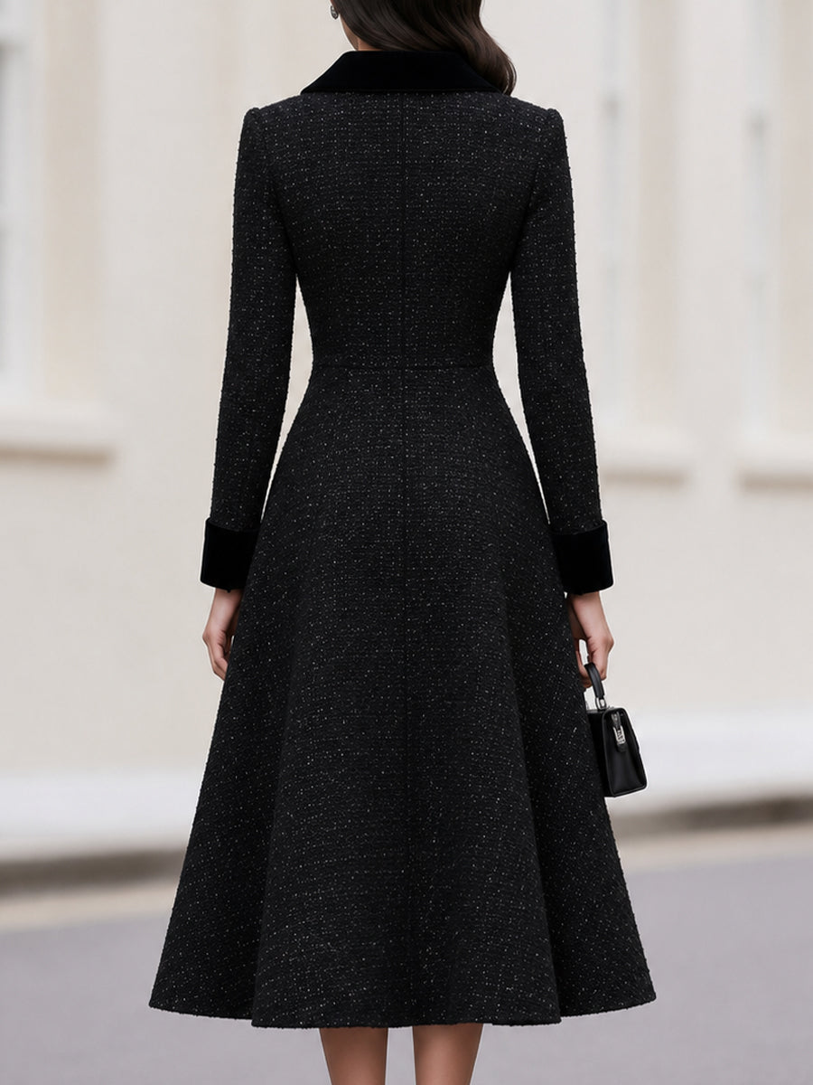 Sparkle Tweed Velvet Collar Cuff Fit & Flare Midi Coat Dress