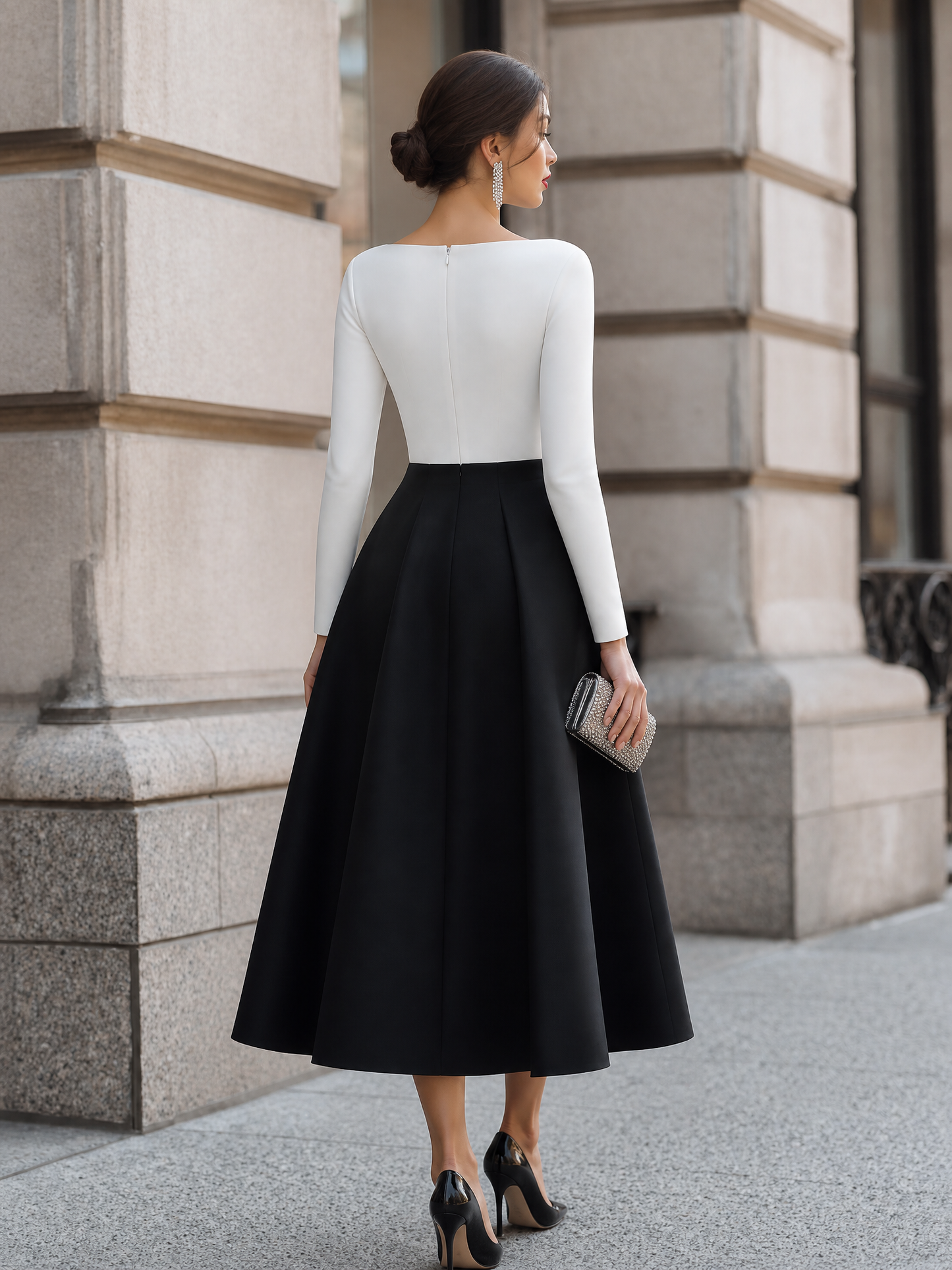Elegant Contrast Floral Embroidery Long Sleeve Midi Dress
