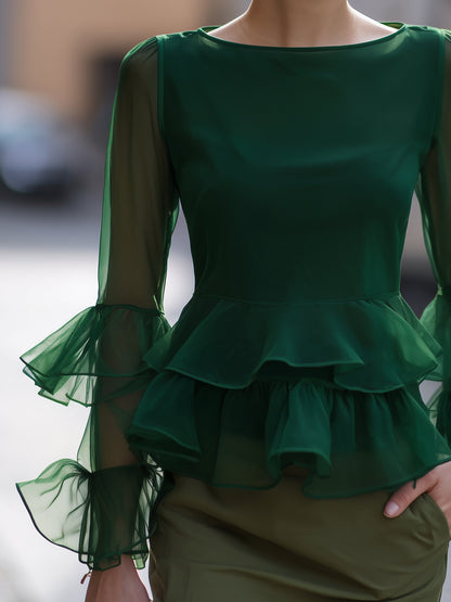 Organza Ruffle-Sleeve Peplum Top