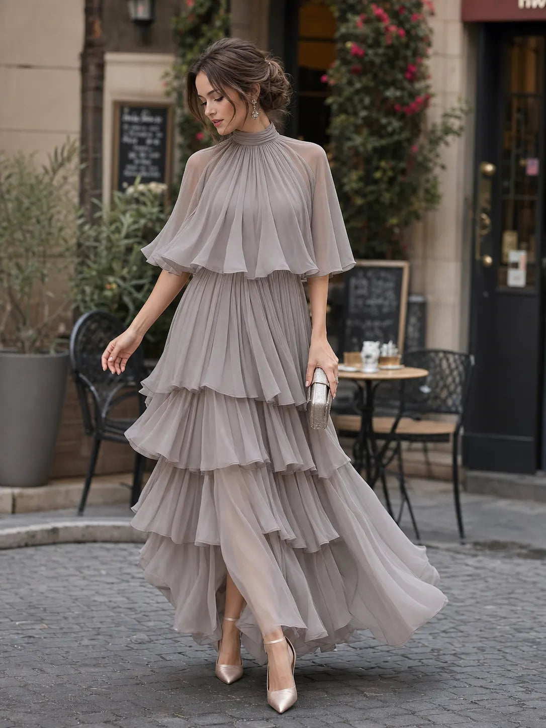 Tiered Pleated Cape Maxi Dress