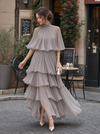 Tiered Pleated Cape Maxi Dress