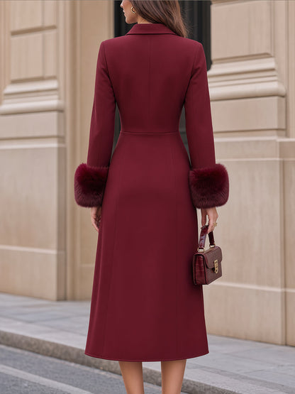 Faux Fur Cuff Shirt Collar Structured Midi Dress
